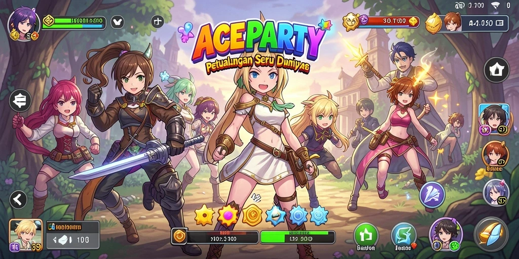 Tampilan gameplay seru ACEPARTY dengan karakter anime ikonik.