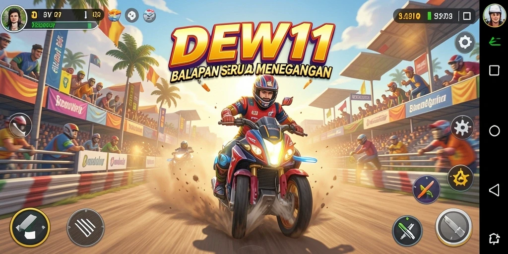 Tangkapan layar utama DEWI11 menampilkan aksi balapan yang mendebarkan di lintasan yang menantang.
