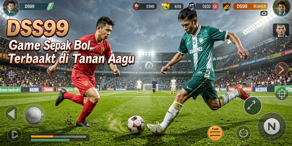 Screenshot gameplay DS99 menunjukkan aksi pertandingan sepak bola yang mendebarkan.