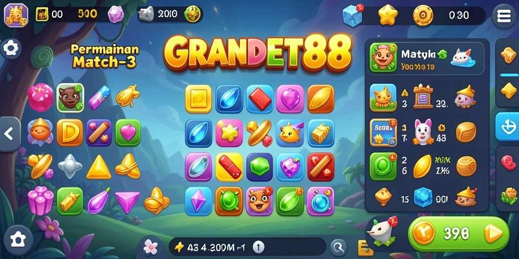 Screenshot utama GRANDBET88 dengan gameplay Match-3 yang menarik.