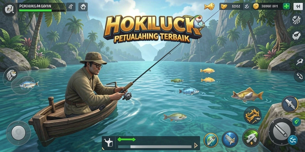 Tampilan gameplay HOKILUCK saat menangkap ikan di laut.