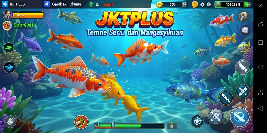 Screenshot gameplay JKTPLUS menunjukkan aksi seru menangkap ikan.