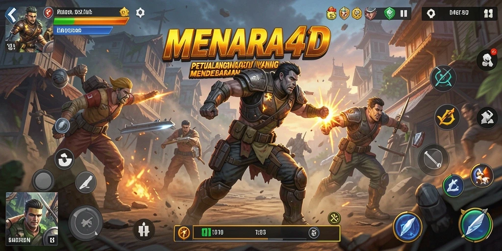 Tangkapan layar utama MENARA4D menampilkan aksi pertarungan yang seru.