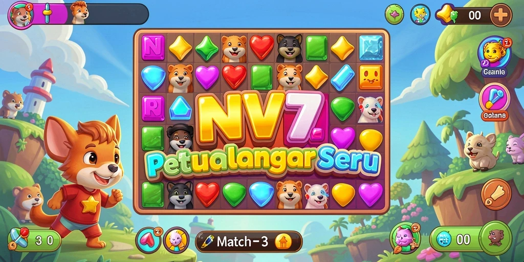 Gameplay seru dalam NV77 yang penuh warna dan tantangan match-3.