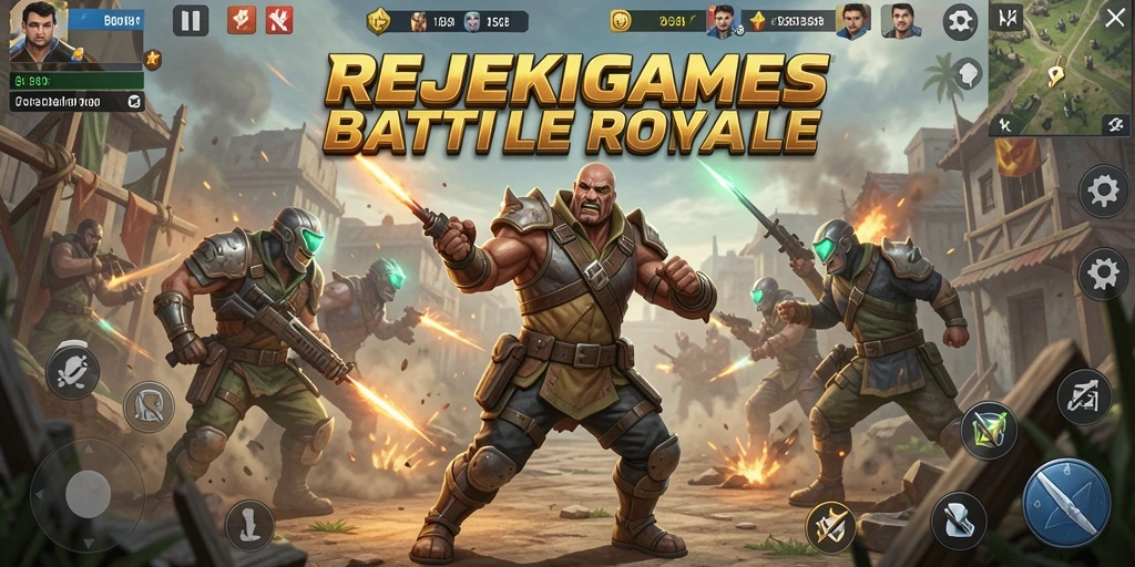 Screenshot gameplay REJEKIGAMES menampilkan aksi seru dalam pertarungan Battle Royale.