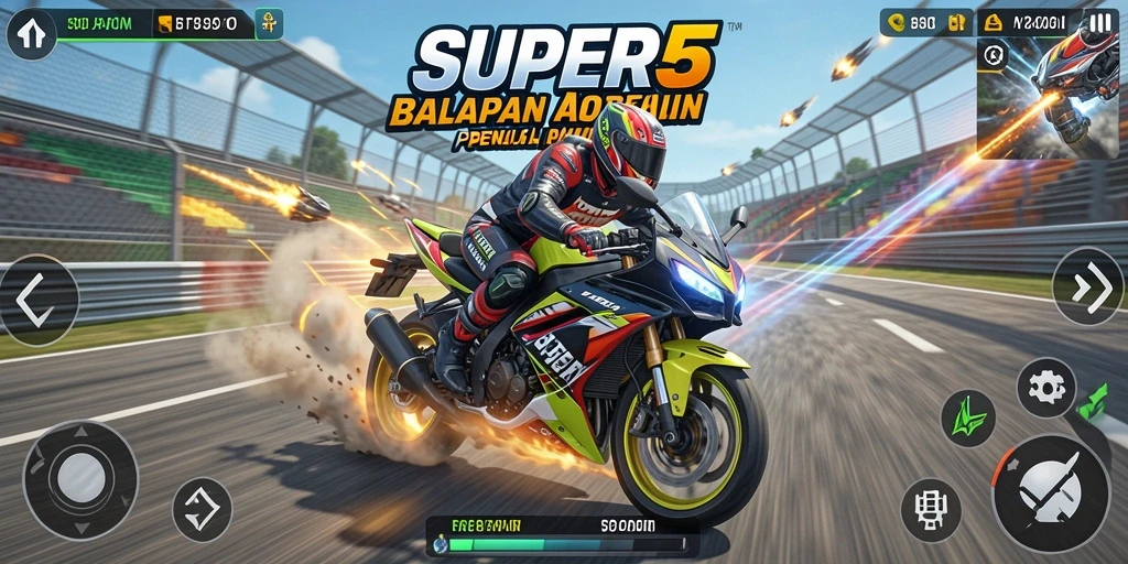 Gameplay SUPER5 yang menegangkan dan seru dalam balapan motor.