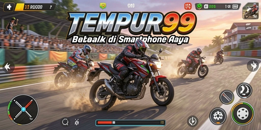 Screenshot gameplay TEMPUR99 yang menampilkan balapan motor yang seru.