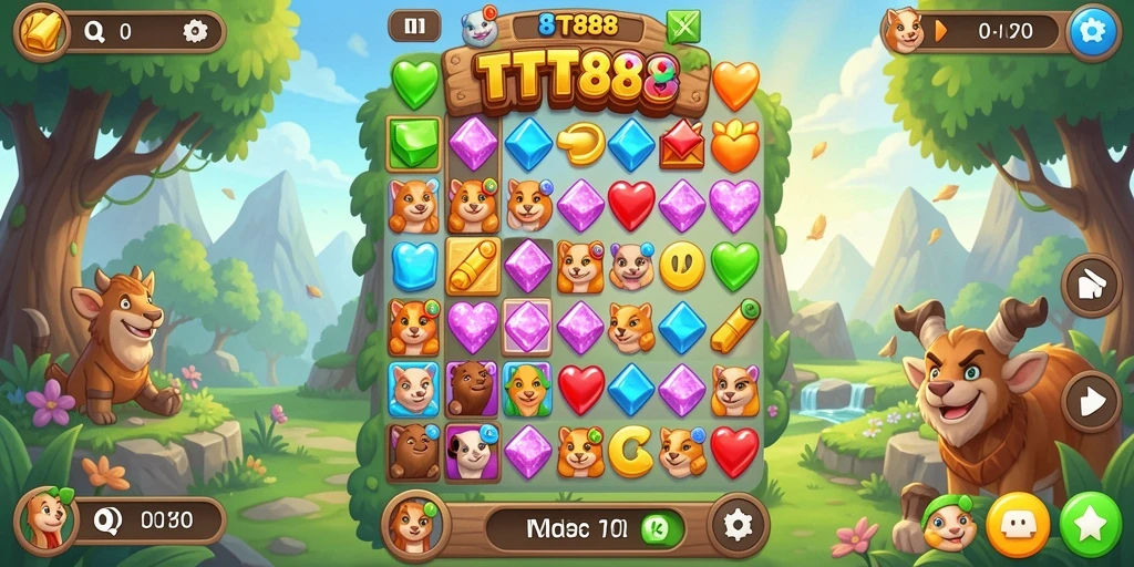 Tampilan screenshot utama TTT888 menampilkan gameplay seru dalam aksi Match-3.